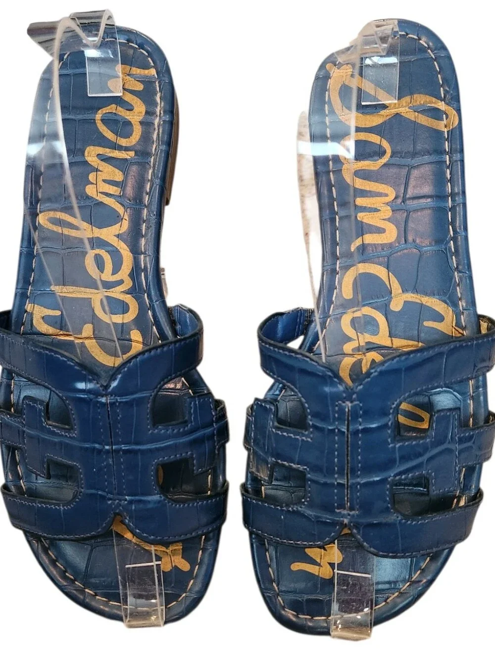 Sam Edelman Bay Slide Sandals Blue Size 8.5 Croc Embossed Leather Cutout Flats
